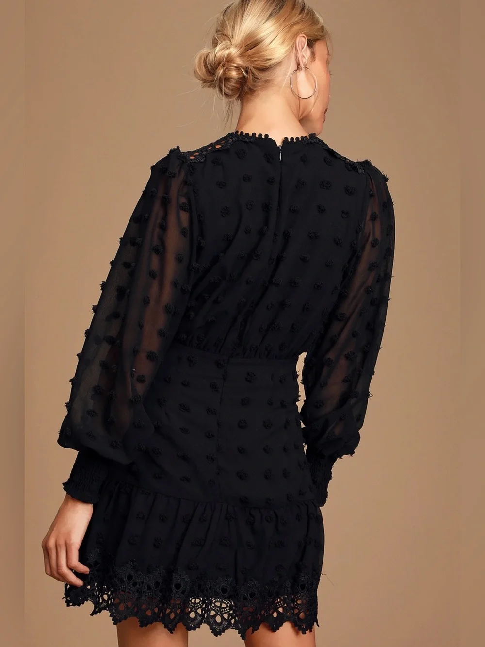 Lulus Black Swiss Dot Lace Long Sleeve Mini Dress S - Picture 3 of 10